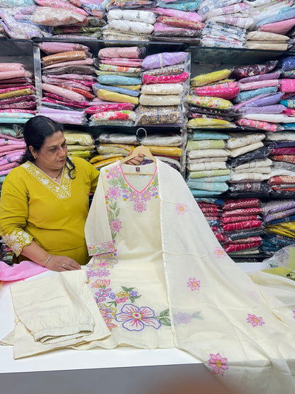 Pink and white Premium cotton party wear dress with pant and duptta Floral Thread work detailing on top and duptta
