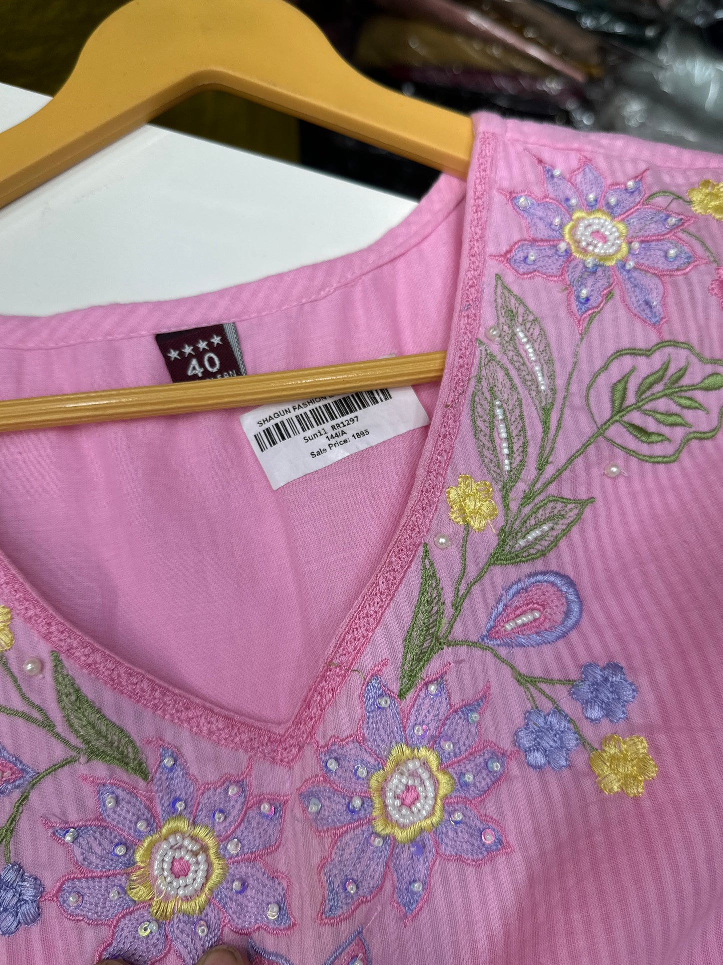 Pink and white Premium cotton party wear dress with pant and duptta Floral Thread work detailing on top and duptta