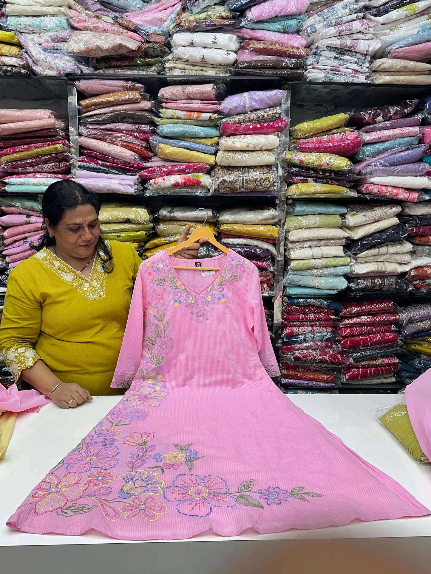Pink and white Premium cotton party wear dress with pant and duptta Floral Thread work detailing on top and duptta