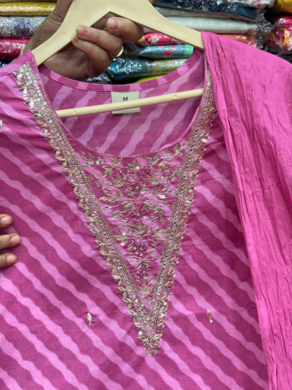 Red,Pink,Rust and  Mulberry Color Pure Cotton Leheriya 3-Piece Suit Set with Gota Patti Work On Neck With Pant and Duptta,RR1596