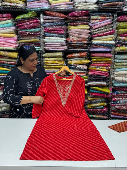Red,Pink,Rust and  Mulberry Color Pure Cotton Leheriya 3-Piece Suit Set with Gota Patti Work On Neck With Pant and Duptta,RR1596
