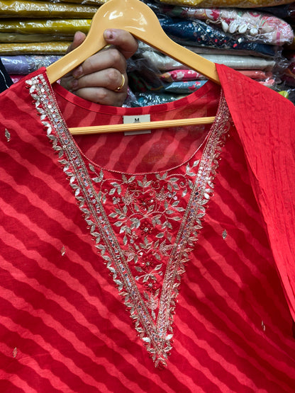 Red,Pink,Rust and  Mulberry Color Pure Cotton Leheriya 3-Piece Suit Set with Gota Patti Work On Neck With Pant and Duptta,RR1596