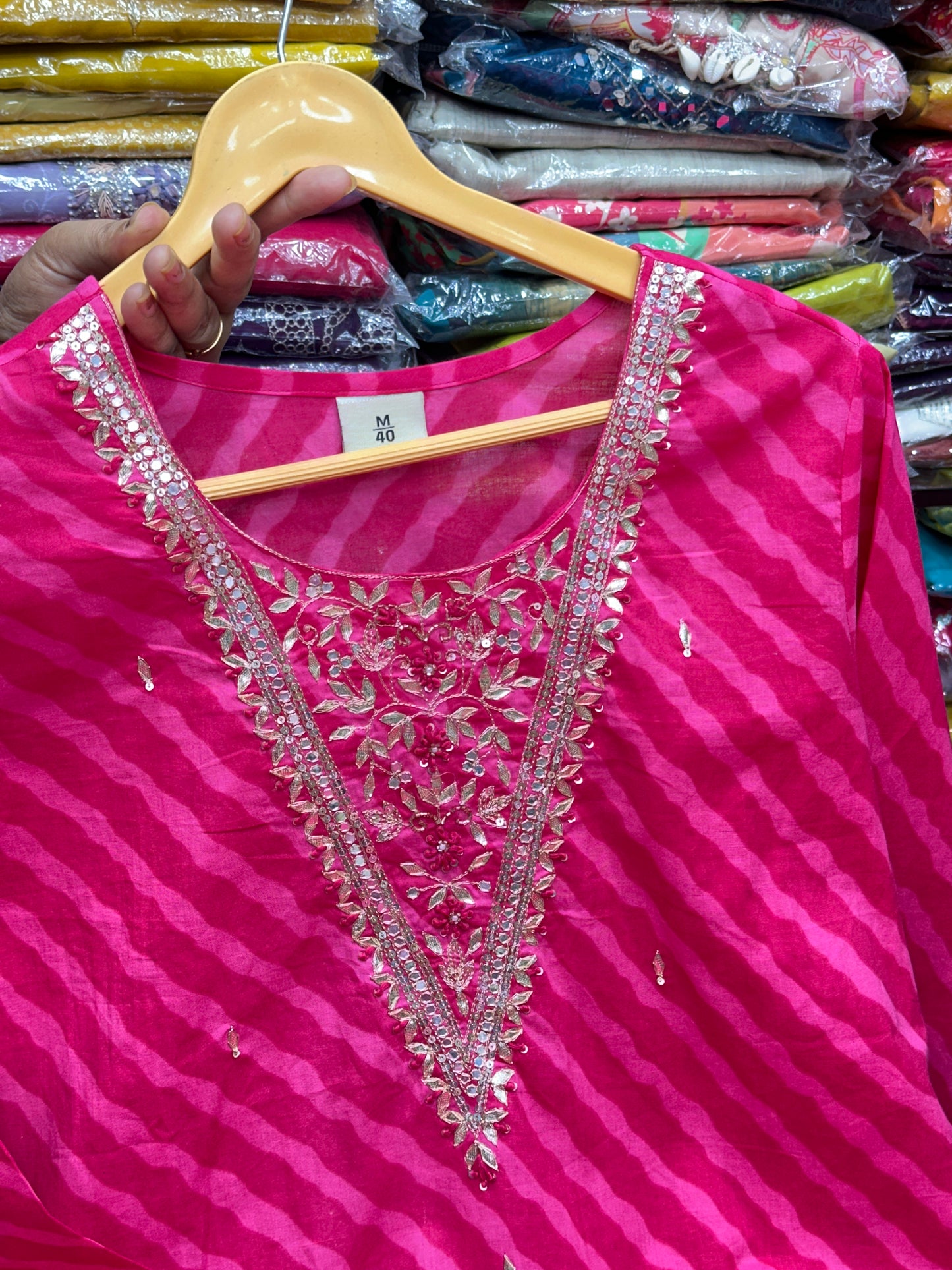 Red,Pink,Rust and  Mulberry Color Pure Cotton Leheriya 3-Piece Suit Set with Gota Patti Work On Neck With Pant and Duptta,RR1596