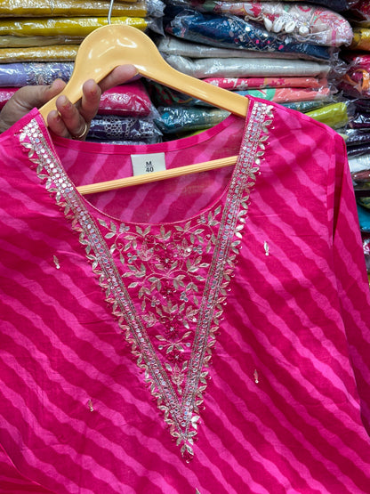 Red,Pink,Rust and  Mulberry Color Pure Cotton Leheriya 3-Piece Suit Set with Gota Patti Work On Neck With Pant and Duptta,RR1596