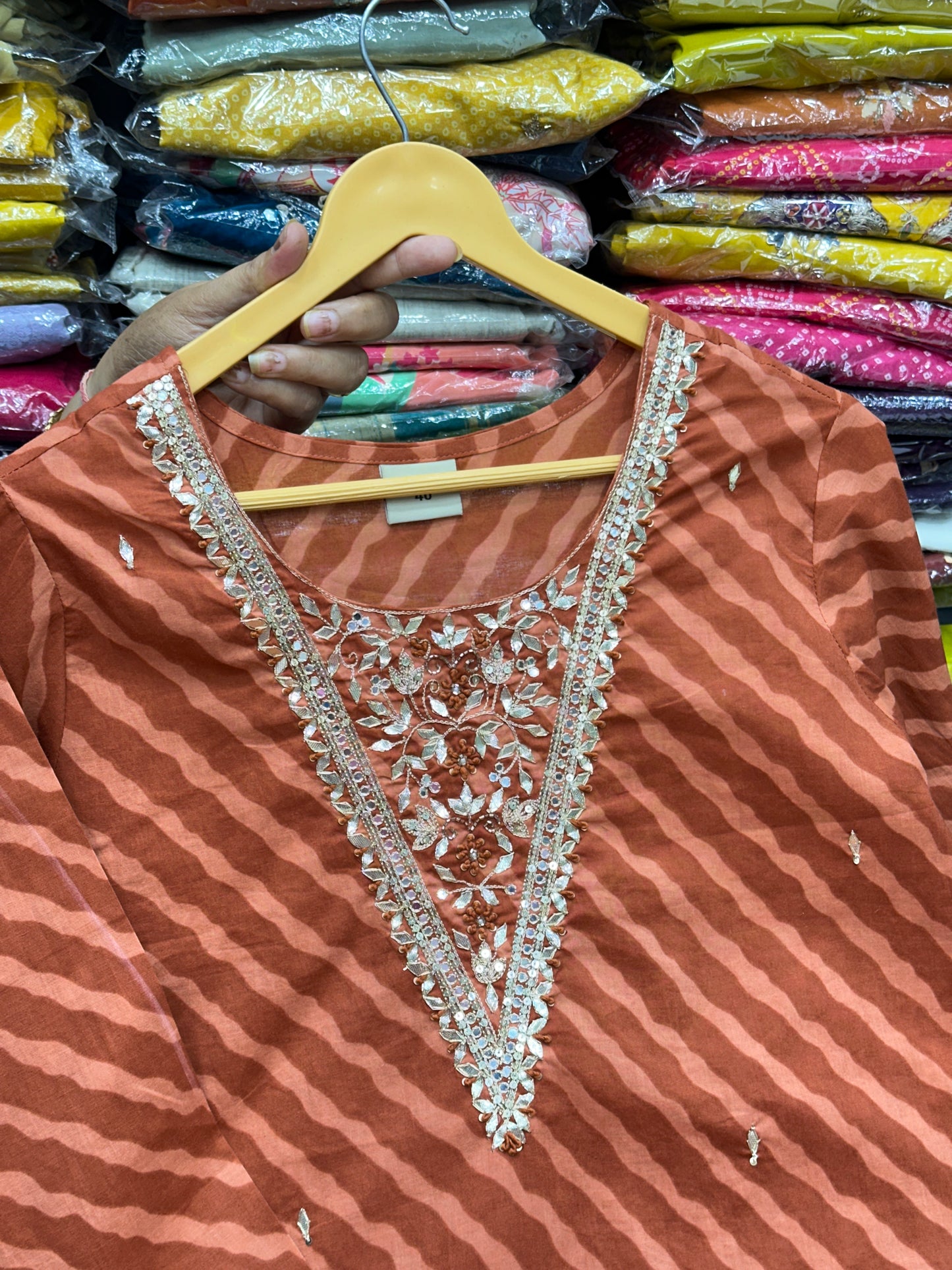 Red,Pink,Rust and  Mulberry Color Pure Cotton Leheriya 3-Piece Suit Set with Gota Patti Work On Neck With Pant and Duptta,RR1596