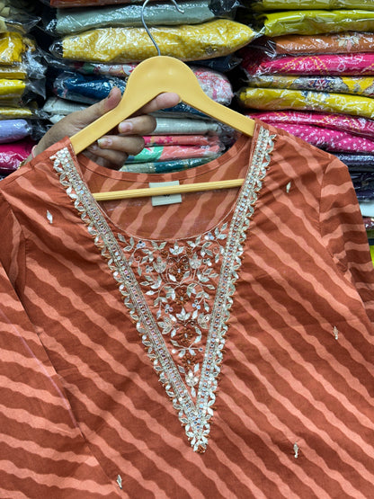 Red,Pink,Rust and  Mulberry Color Pure Cotton Leheriya 3-Piece Suit Set with Gota Patti Work On Neck With Pant and Duptta,RR1596