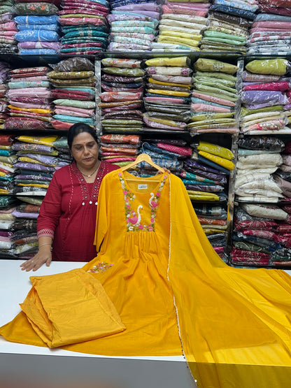 Yellow Mul Cotton 3-Piece Kurta Set With Floral Embroidery And Luse Plazo With  Dupatta | Premium Summer Ethnic Wear for Women aesthetic article for outgoing RR1600