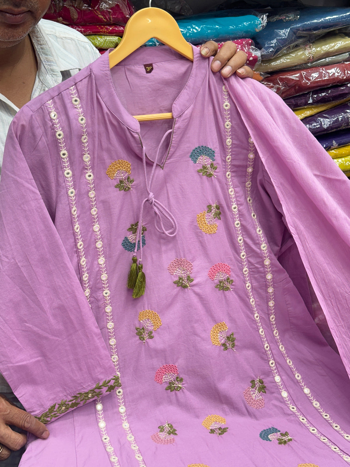 Women's Pure Cotton A-Line 3-Piece Kurta Set with Flower thread work