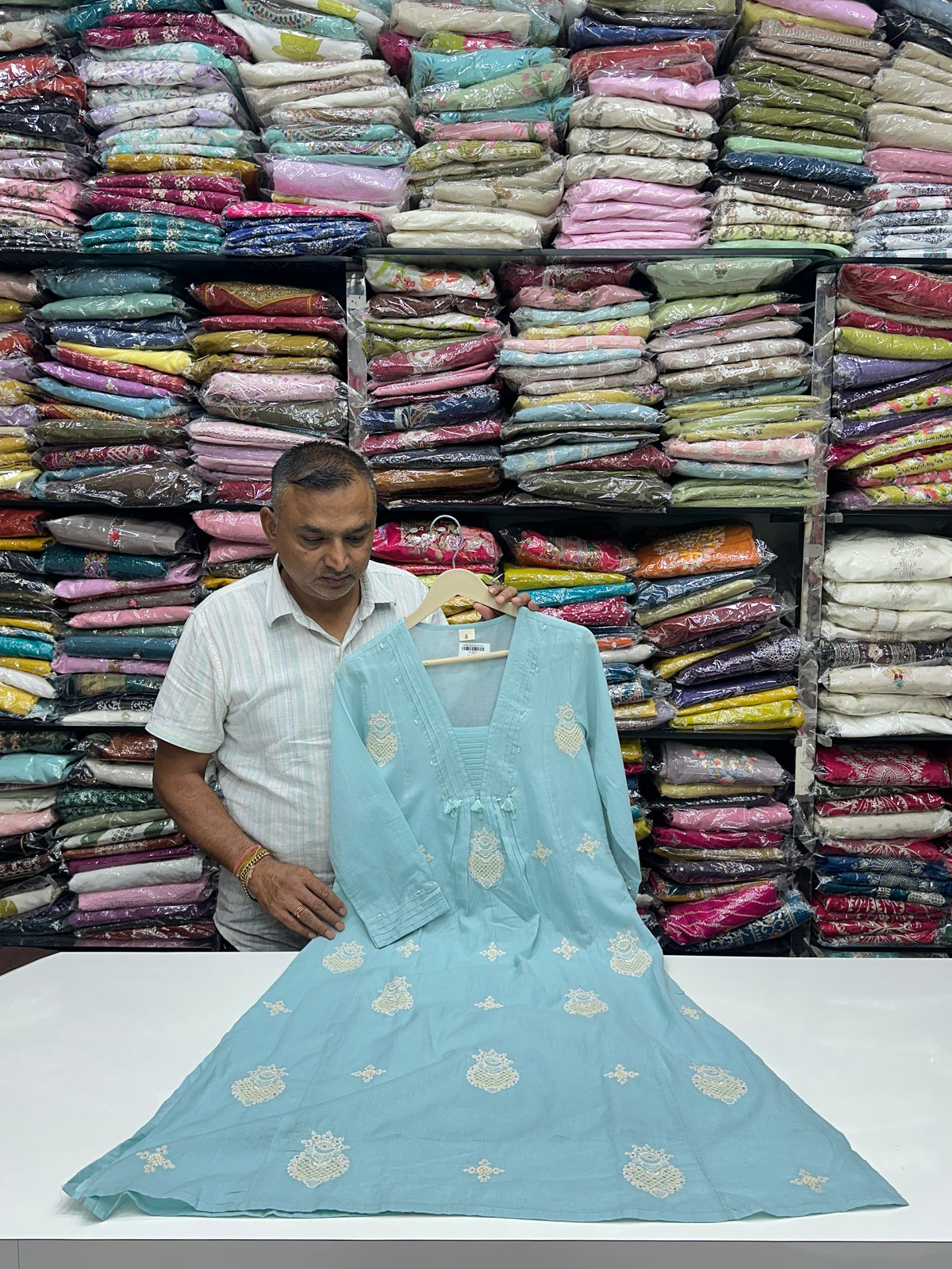 Sky blue and pink office wear pure cotton with lining thread work detailing on kurta with pant and Duptta