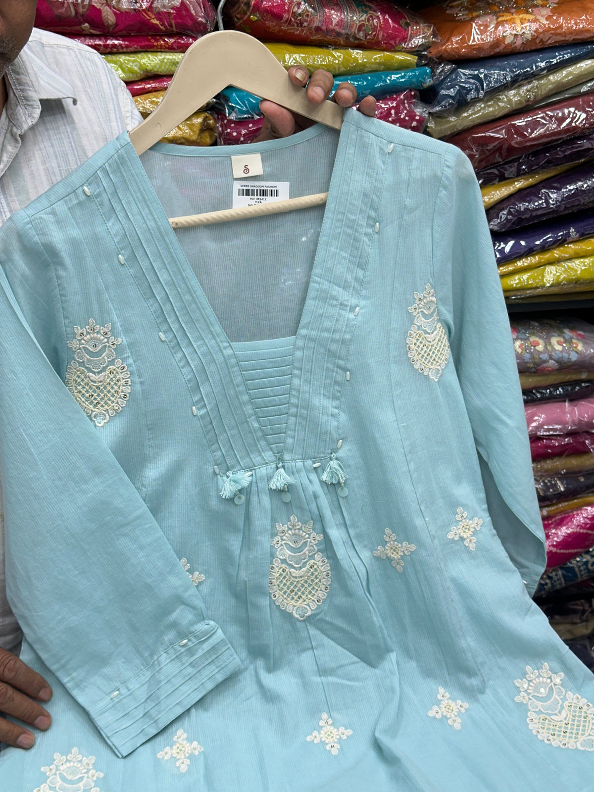 Sky blue and pink office wear pure cotton with lining thread work detailing on kurta with pant and Duptta