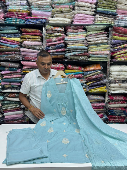 Sky blue and pink office wear pure cotton with lining thread work detailing on kurta with pant and Duptta