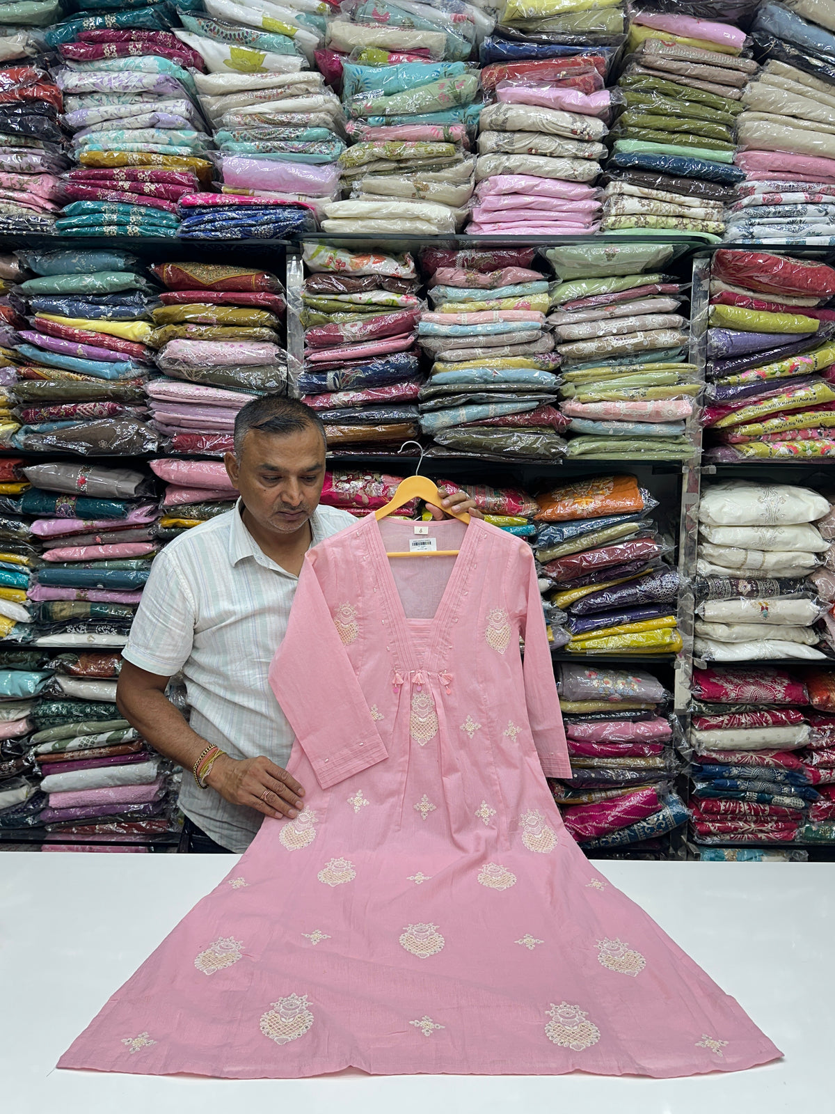Sky blue and pink office wear pure cotton with lining thread work detailing on kurta with pant and Duptta