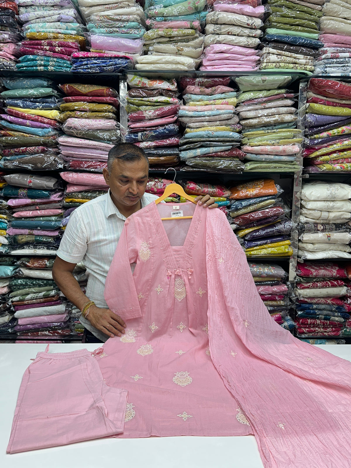 Sky blue and pink office wear pure cotton with lining thread work detailing on kurta with pant and Duptta