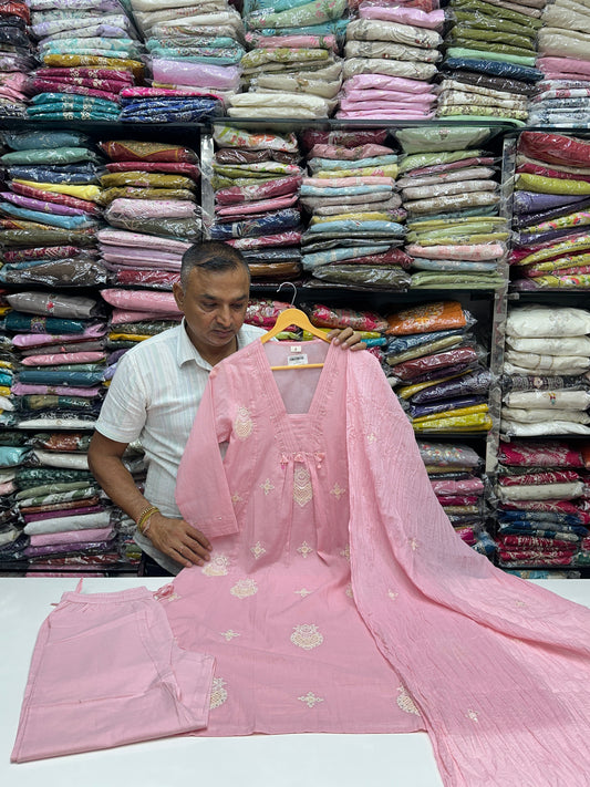 Sky blue and pink office wear pure cotton with lining thread work detailing on kurta with pant and Duptta