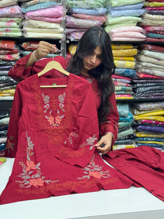 Maroon co-ord in premium rayon fabric with floral thread work detailing