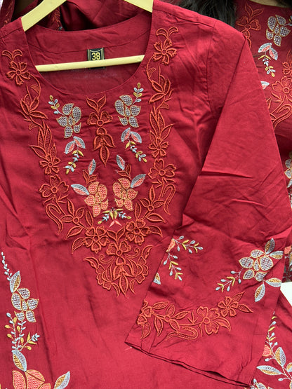 Maroon co-ord in premium rayon fabric with floral thread work detailing