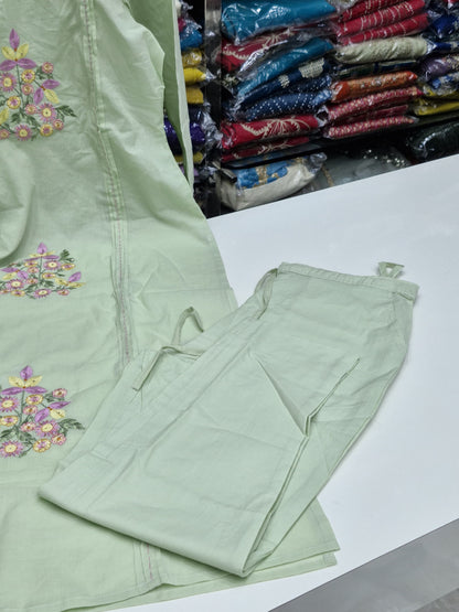 3 piece kurta set in premium cotton fabric with thread work detailing beautiful icecream shades perfect for casual and office wear RR1486
