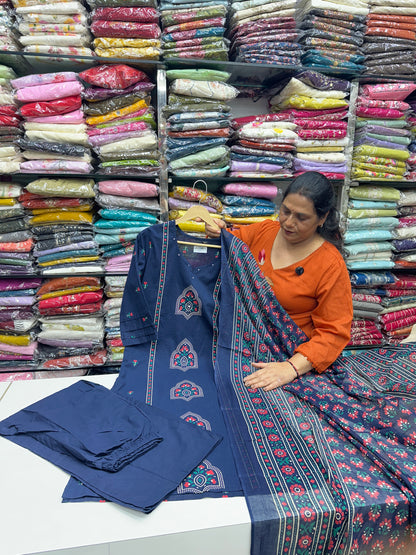 Block printed pure cotton Kurta Set with Pants & Dupatta RR1528