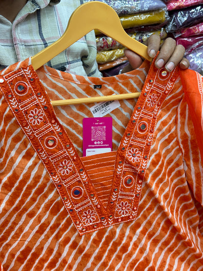 Pure Cotton Leheriya 3-Piece Ethnic Suit Set with Thread  And Mirror Work On Neck RR1533