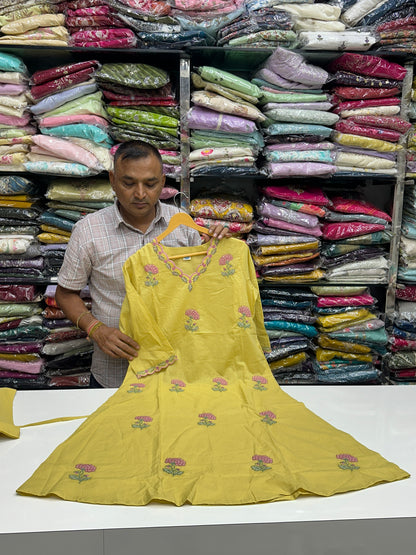 Semi Partywear Pure Cotton Kurti Pant With Duptta Floral Thread Work On neck And Front ( Sky Blue And Mustard Yellow) RR1556