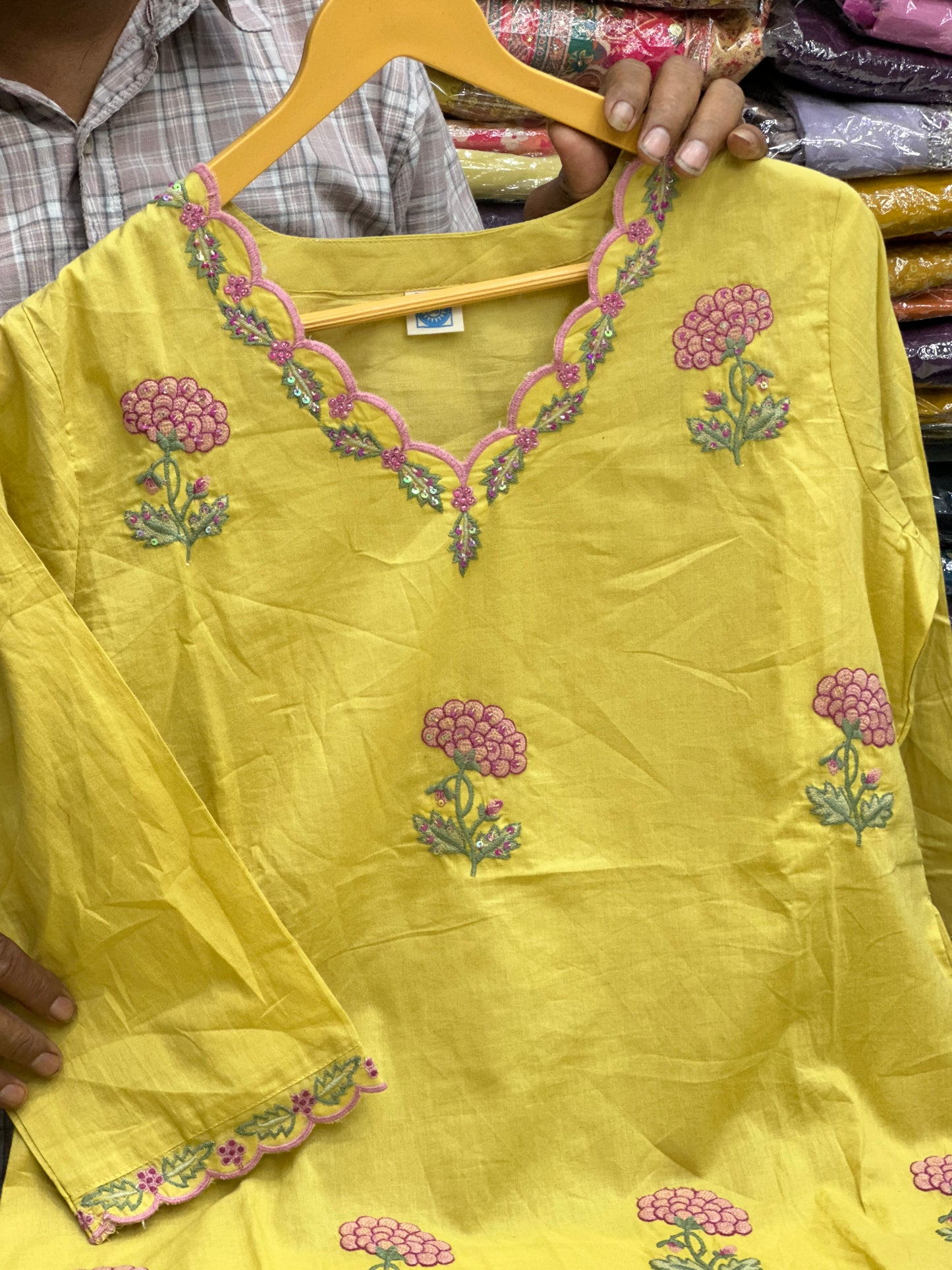 Semi Partywear Pure Cotton Kurti Pant With Duptta Floral Thread Work On neck And Front ( Sky Blue And Mustard Yellow) RR1556
