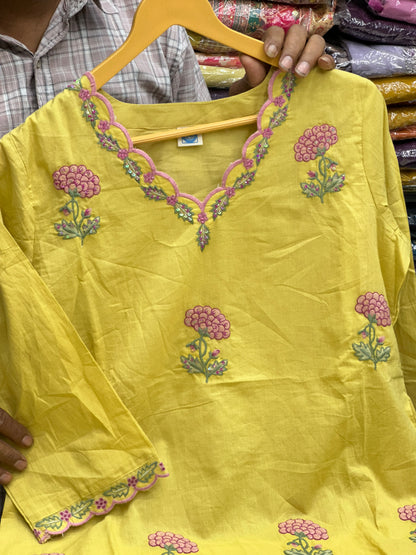 Semi Partywear Pure Cotton Kurti Pant With Duptta Floral Thread Work On neck And Front ( Sky Blue And Mustard Yellow) RR1556