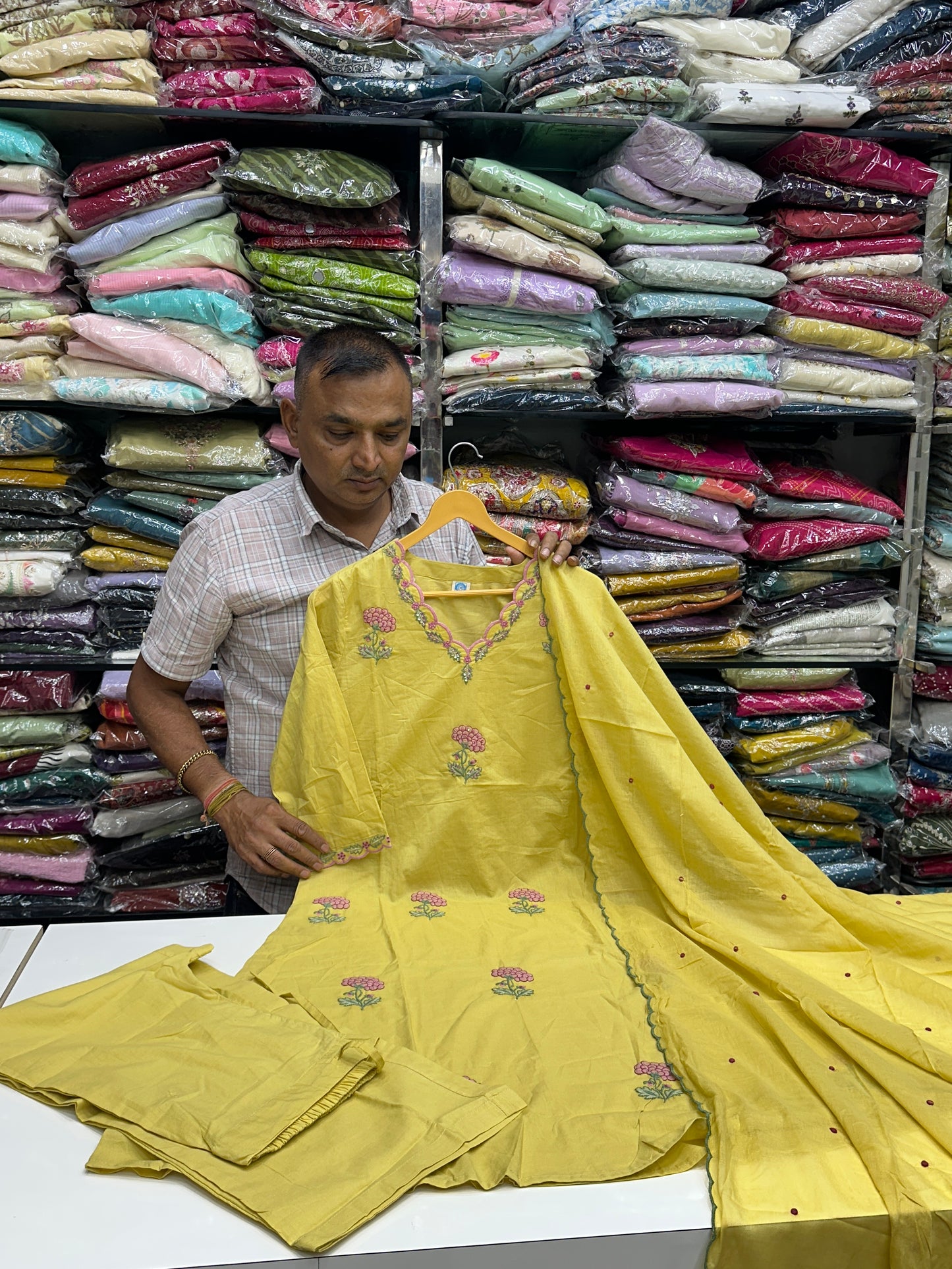 Semi Partywear Pure Cotton Kurti Pant With Duptta Floral Thread Work On neck And Front ( Sky Blue And Mustard Yellow) RR1556