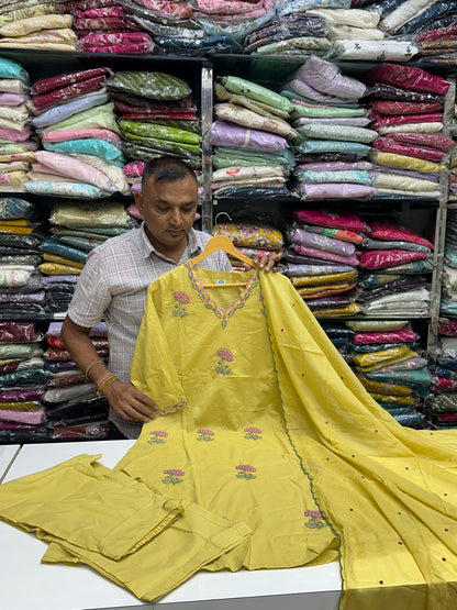 Semi Partywear Pure Cotton Kurti Pant With Duptta Floral Thread Work On neck And Front ( Sky Blue And Mustard Yellow) RR1556