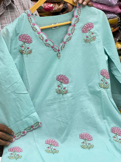 Semi Partywear Pure Cotton Kurti Pant With Duptta Floral Thread Work On neck And Front ( Sky Blue And Mustard Yellow) RR1556
