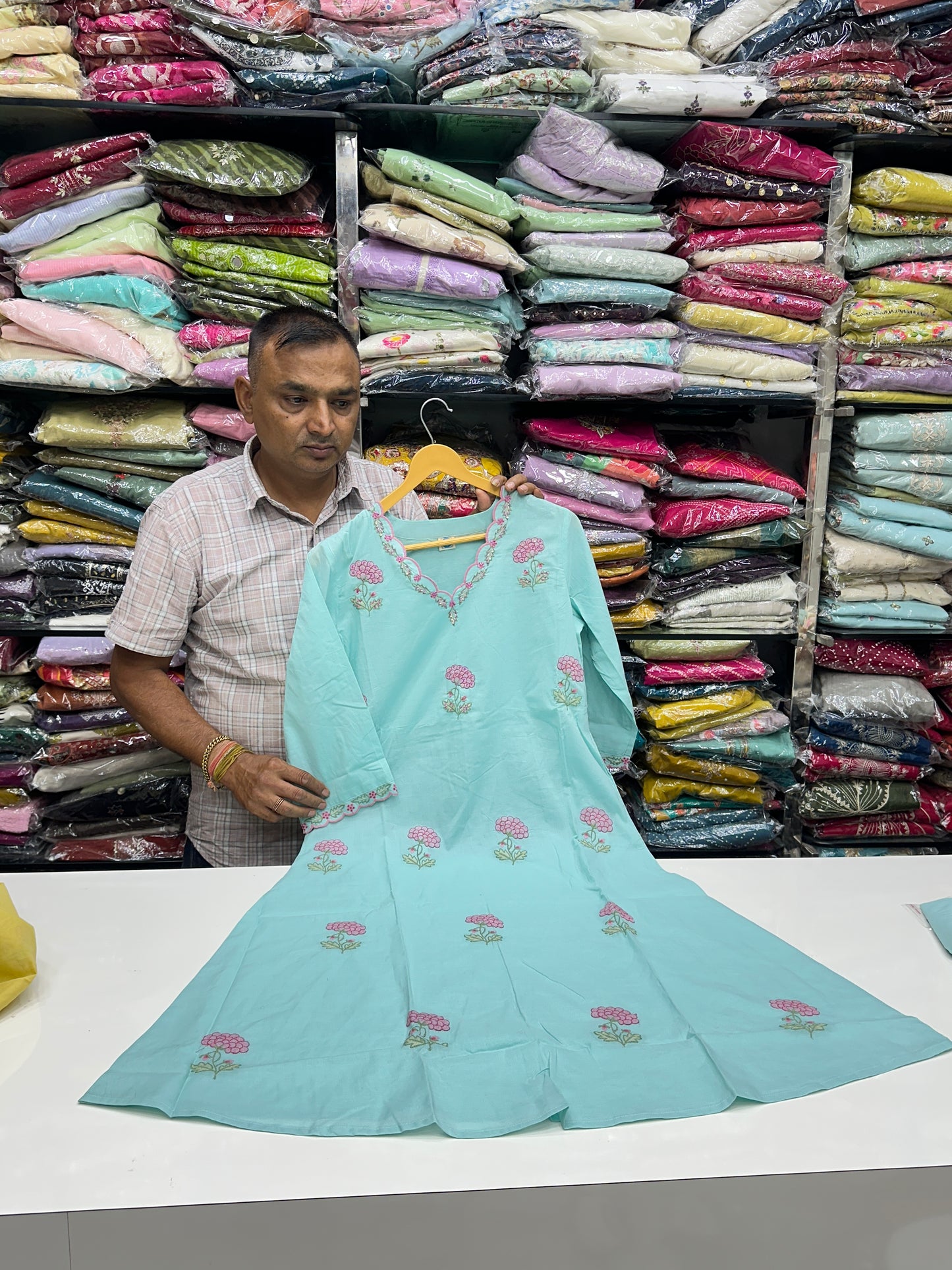 Semi Partywear Pure Cotton Kurti Pant With Duptta Floral Thread Work On neck And Front ( Sky Blue And Mustard Yellow) RR1556