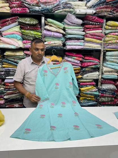 Semi Partywear Pure Cotton Kurti Pant With Duptta Floral Thread Work On neck And Front ( Sky Blue And Mustard Yellow) RR1556