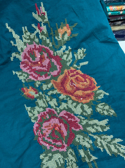 Premium Cotton co-ord with Crosh Stitched floral thread work  detailing on top with lining ( blue and brown )
