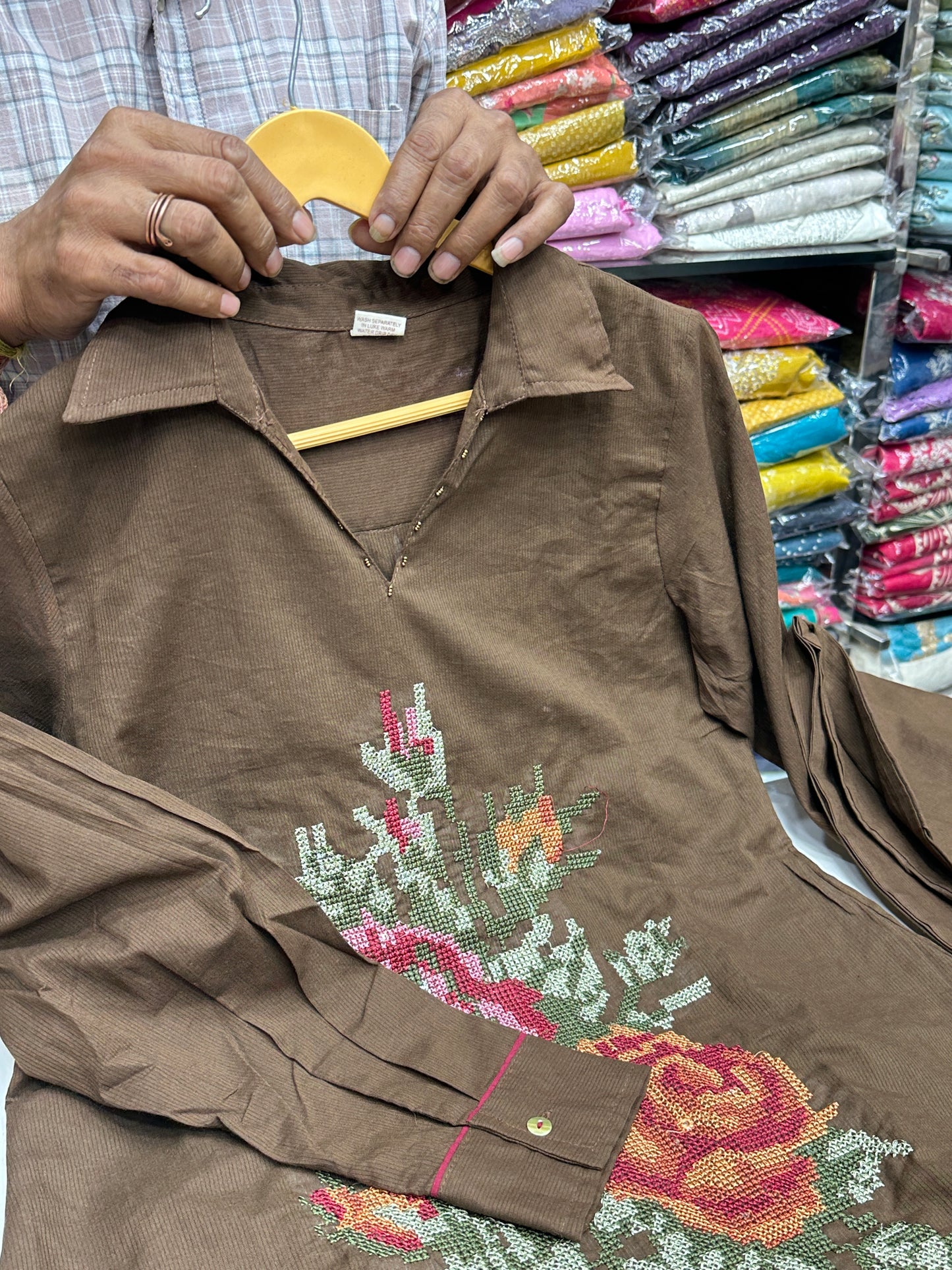Premium Cotton co-ord with Crosh Stitched floral thread work  detailing on top with lining ( blue and brown )