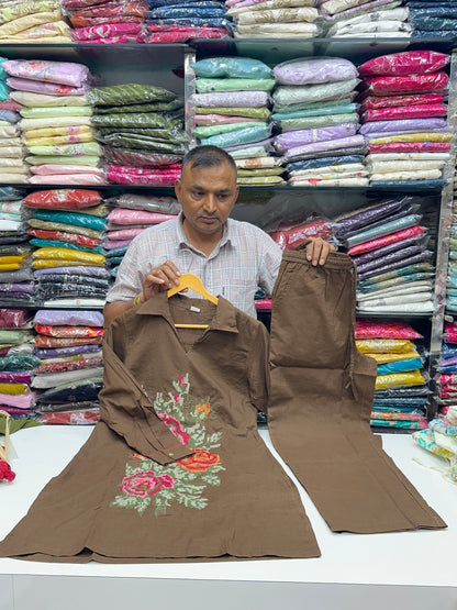 Premium Cotton co-ord with Crosh Stitched floral thread work  detailing on top with lining ( blue and brown )