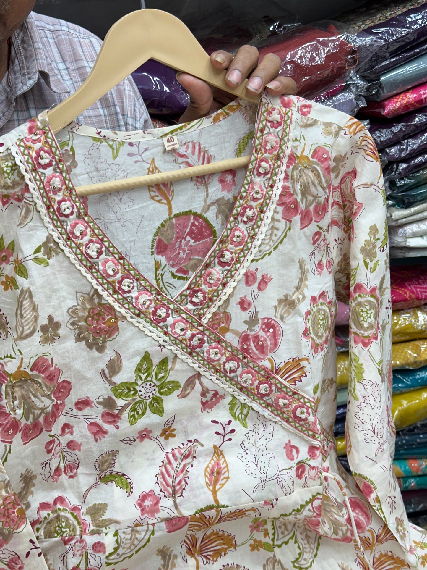 Semi formal Pure Cotton Angrakha Style Folorl Print With Pant And Duptta ( blue, Green, Peach ) RR1394