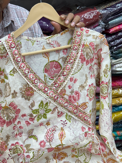 Semi formal Pure Cotton Angrakha Style Folorl Print With Pant And Duptta ( blue, Green, Peach ) RR1394