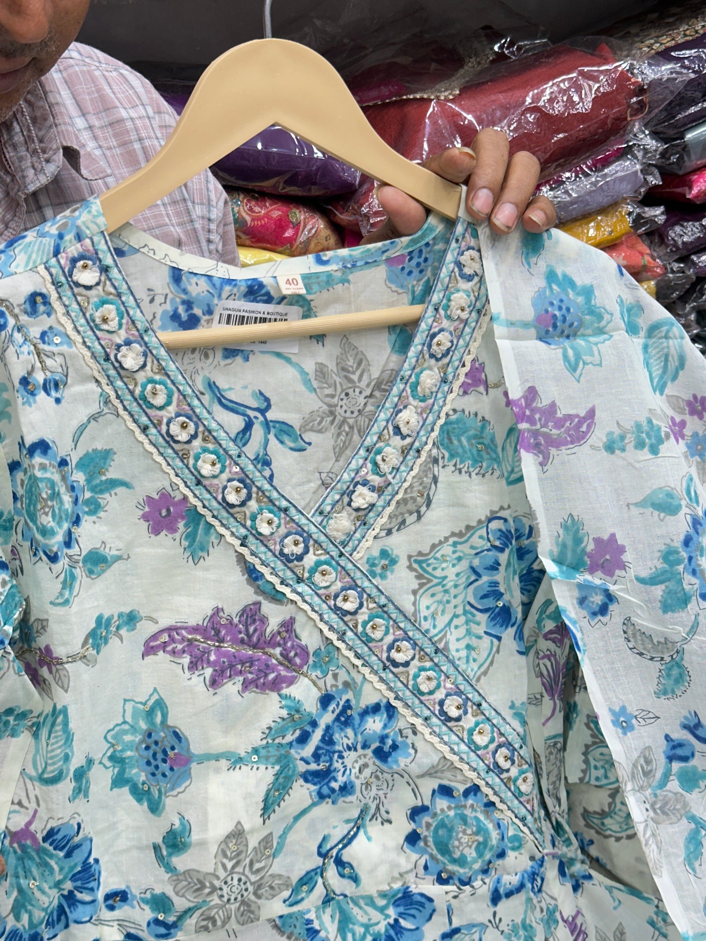 Semi formal Pure Cotton Angrakha Style Folorl Print With Pant And Duptta ( blue, Green, Peach ) RR1394