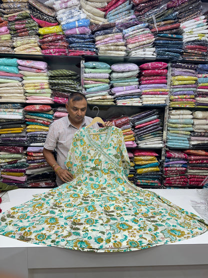 Semi formal Pure Cotton Angrakha Style Folorl Print With Pant And Duptta ( blue, Green, Peach ) RR1394