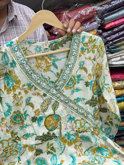 Semi formal Pure Cotton Angrakha Style Folorl Print With Pant And Duptta ( blue, Green, Peach ) RR1394