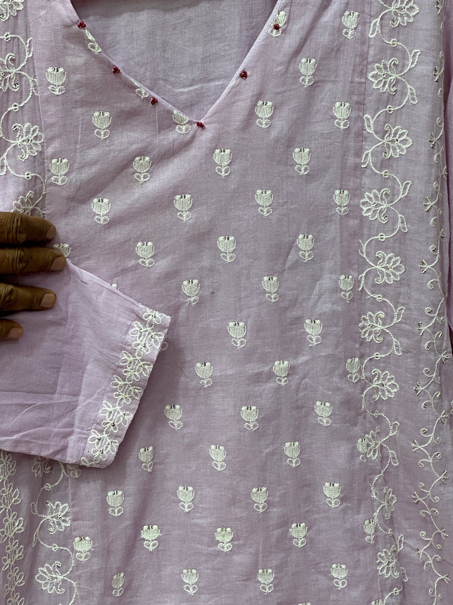 Onion color semi formal pure mul cotton, thread work detailing on top