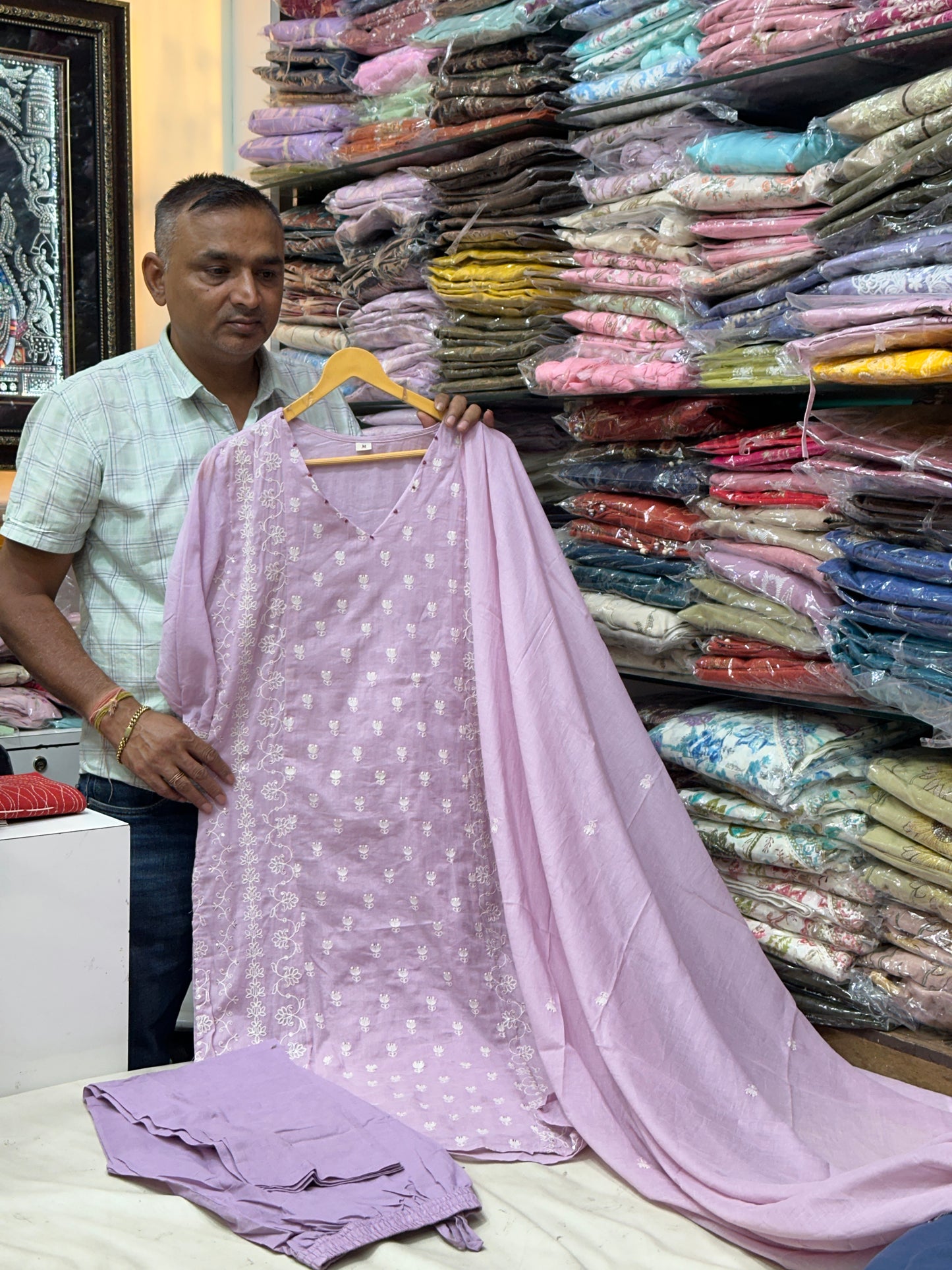 Onion color semi formal pure mul cotton, thread work detailing on top
