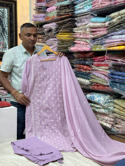 Onion color semi formal pure mul cotton, thread work detailing on top