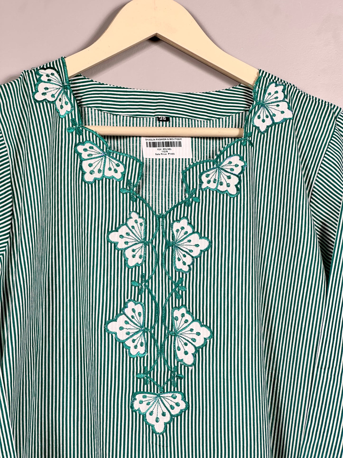 Green Soft Cotton Stripped Office Wear straight Suit with Applique work RR1301 green