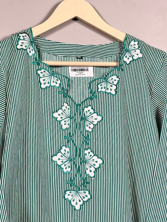 Green Soft Cotton Stripped Office Wear straight Suit with Applique work RR1301 green