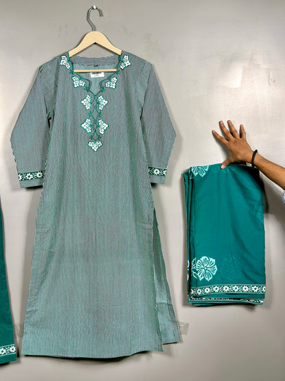 Green Soft Cotton Stripped Office Wear straight Suit with Applique work RR1301 green