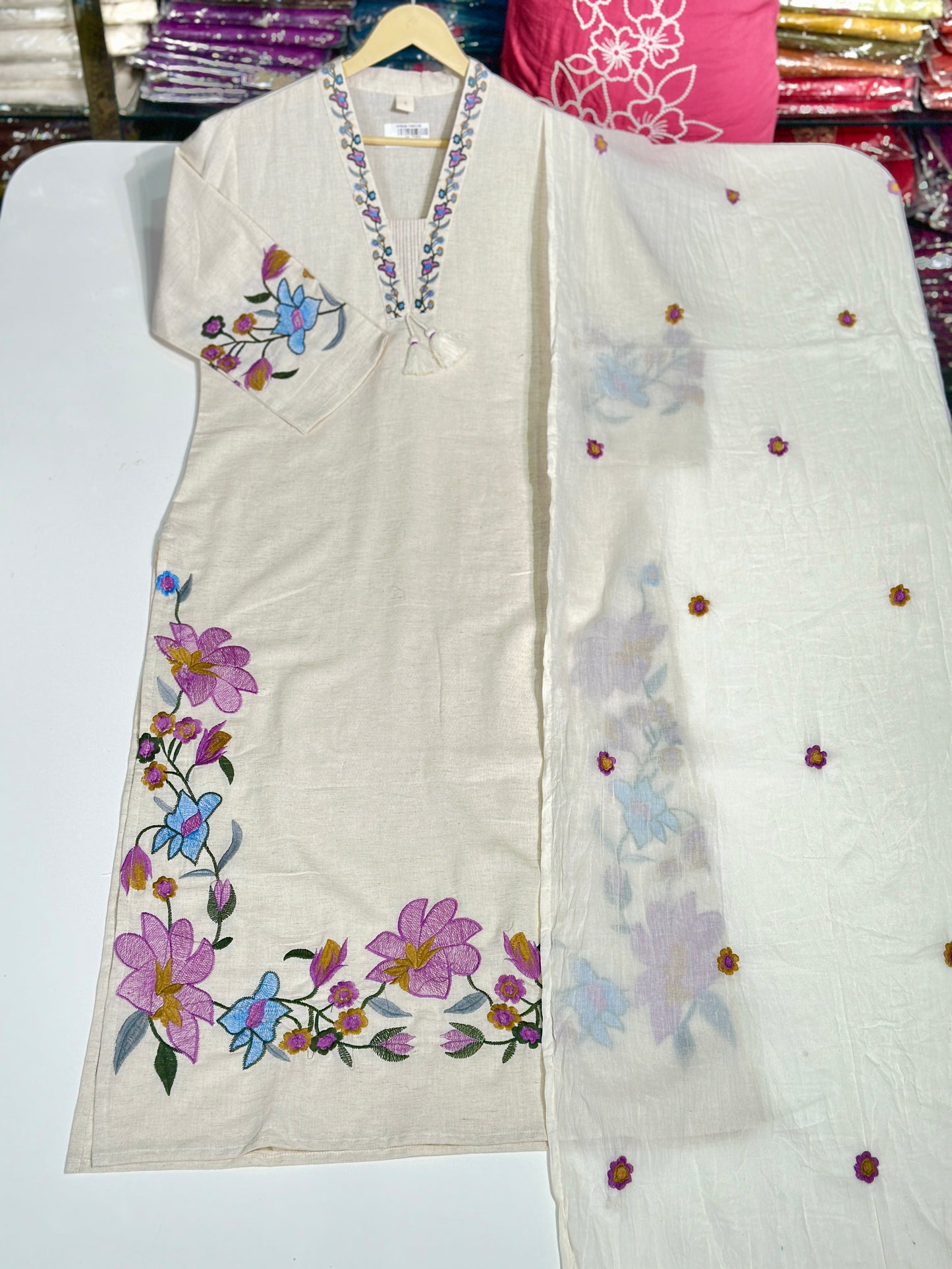 off white beautiful floral Embroidered khadi cotton suit RR1072 off-white