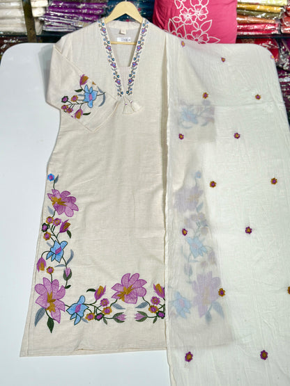 off white beautiful floral Embroidered khadi cotton suit RR1072 off-white