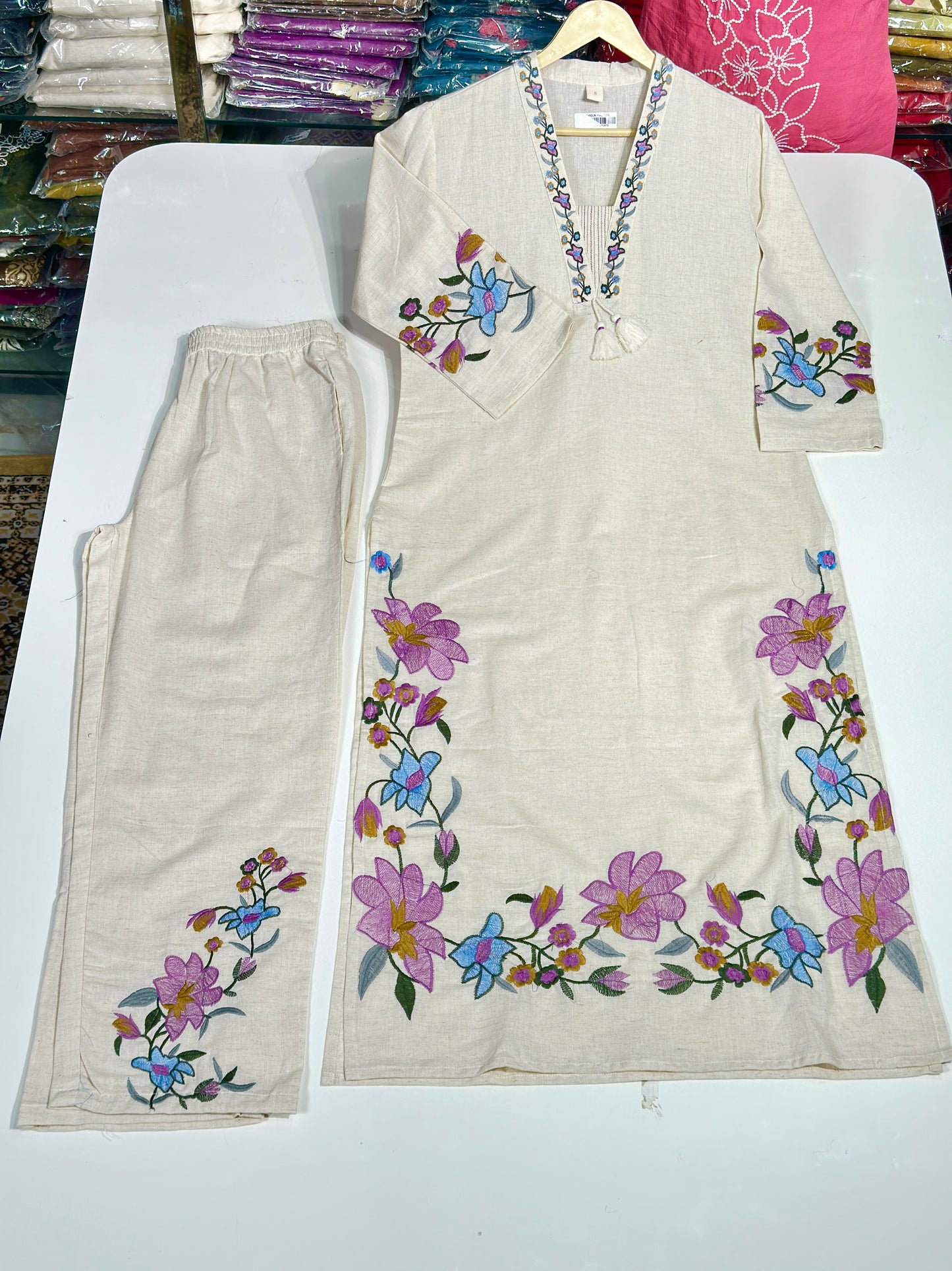 off white beautiful floral Embroidered khadi cotton suit RR1072 off-white