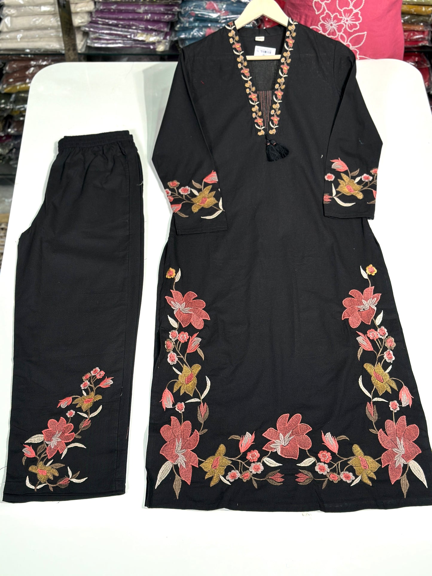 Black beautiful floral Embroidered khadi cotton suit RR1072 Black
