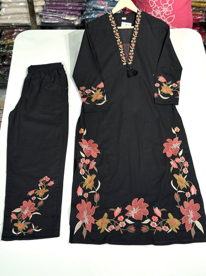 Black beautiful floral Embroidered khadi cotton suit RR1072 Black